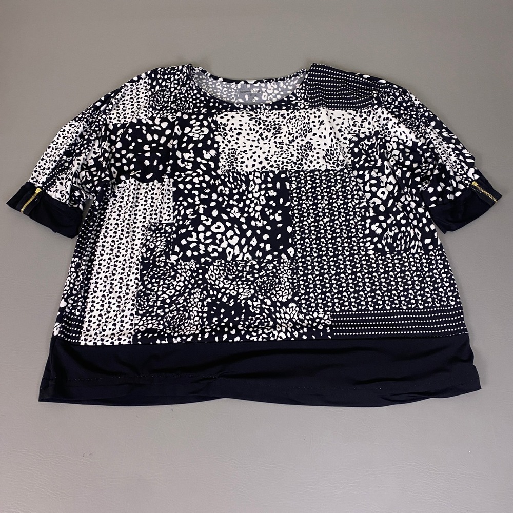 Woman Within Blouse Top Women's Size 1X Black White Animal Patchwork Zipper Cuff